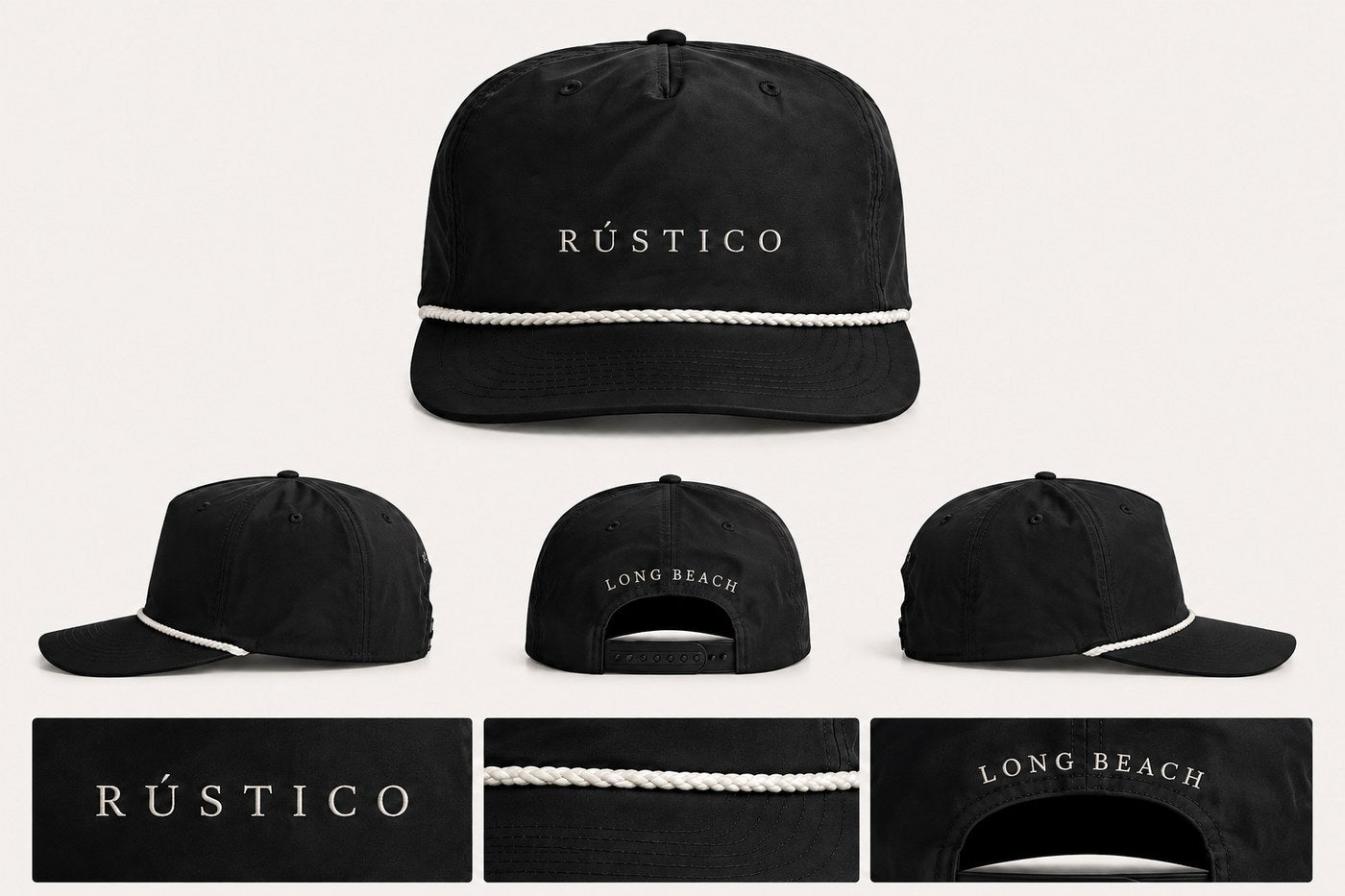 RÚSTICO black rope-brim snapback hat with embroidered RÚSTICO wordmark and Long Beach lettering on the back