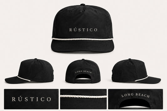 RÚSTICO black rope-brim snapback hat with embroidered RÚSTICO wordmark and Long Beach lettering on the back