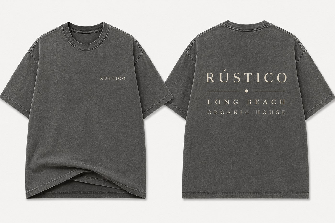 RÚSTICO Long Beach Organic House t-shirt, front and back, vintage-washed black with cream wordmark print