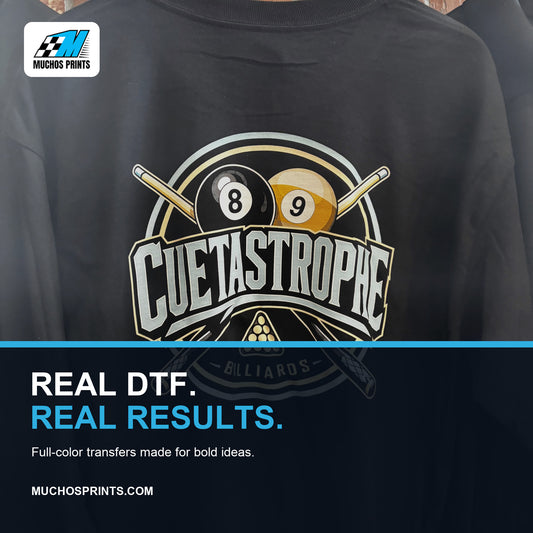 Authentic DTF shirt print by Muchos Prints — real DTF, real results
